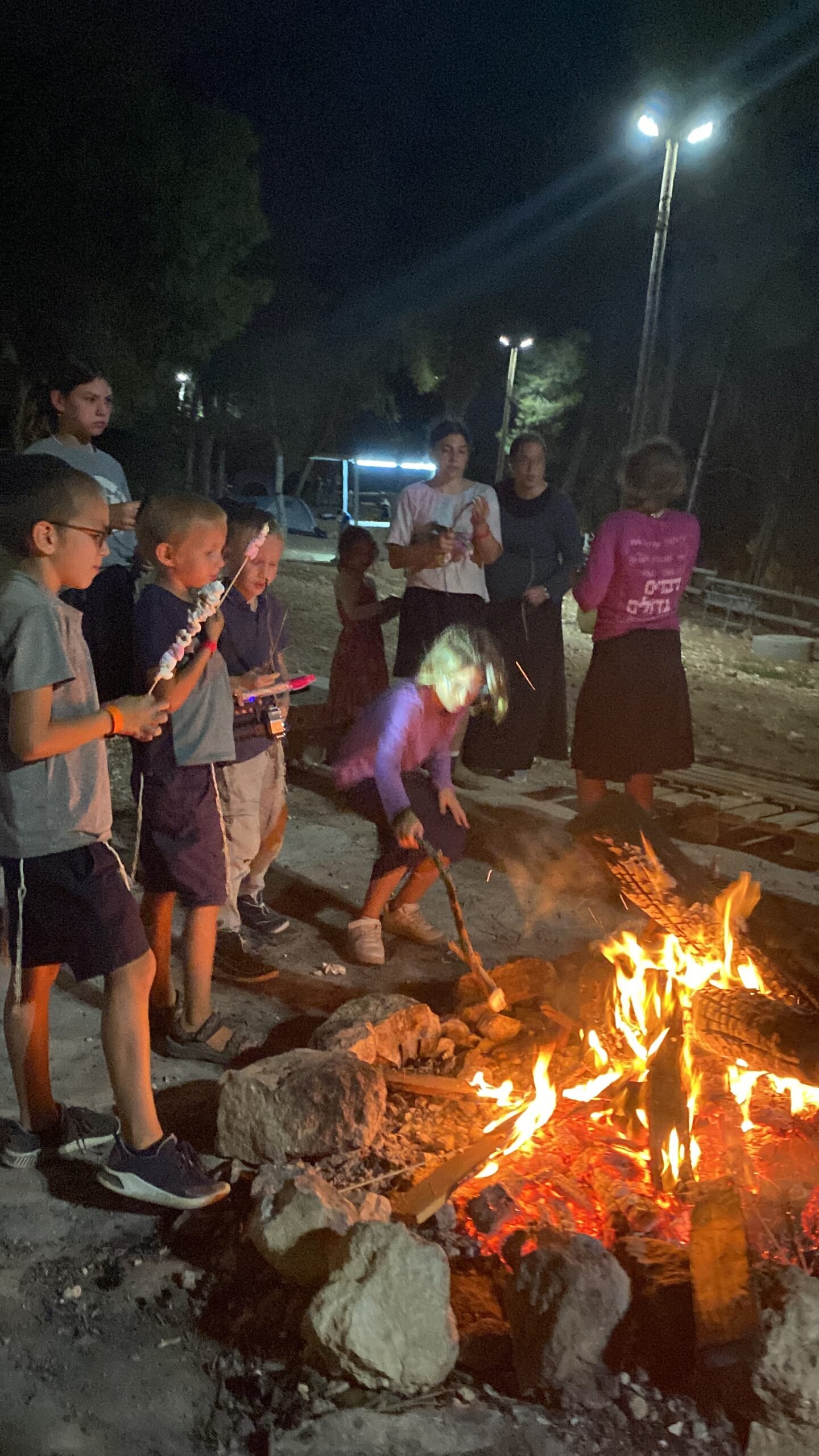 Children roasting marshmallows around the bonfire at a previous Ohr Chabad Sukkot camping trip
